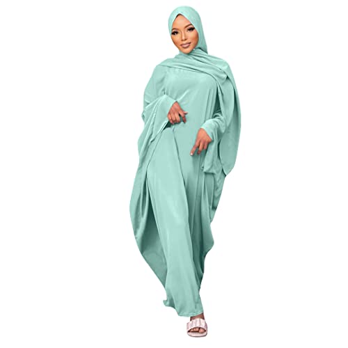 OBEEII Muslimisches Kleider Damen Einfarbig Islamisches Islamische Gebetskleidung in voller Länge Naher Osten Dubai Türkei Maxi Abaya fur Ramadan Beten Hellgrün+Hijab von OBEEII