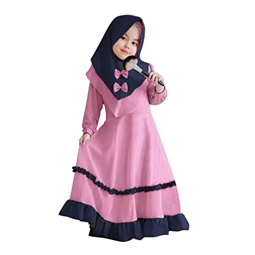 OBEEII Muslimisches Kleidung Set für Kinder Mädchen Islamische Abaya Langarmkleid mit Hijab 2 Stück Outfits Naher Osten Dubai Arab Ramadan Corban Traditionelle Kleidung Rosa A 2-3 Jahre von OBEEII