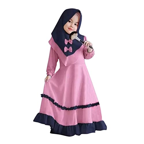 Muslimisches Kleidung Set für Kinder Mädchen Islamische Abaya Langarmkleid mit Hijab 2 Stück Outfits Naher Osten Dubai Arab Ramadan Corban Traditionelle Kleidung Rosa A 3-4 Jahre von OBEEII