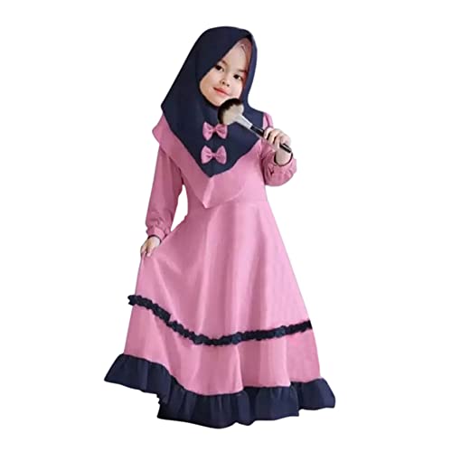 OBEEII Muslimisches Kleidung Set für Kinder Mädchen Islamische Abaya Langarmkleid mit Hijab 2 Stück Outfits Naher Osten Dubai Arab Ramadan Corban Traditionelle Kleidung Rosa A 5-6 Jahre von OBEEII