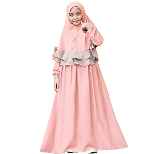 Muslimisches Kleidung Set für Kinder Mädchen Islamische Abaya Langarmkleid mit Hijab 2 Stück Outfits Naher Osten Dubai Arab Ramadan Corban Traditionelle Kleidung Rosa B 6-7 Jahre von OBEEII