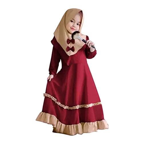 Muslimisches Kleidung Set für Kinder Mädchen Islamische Abaya Langarmkleid mit Hijab 2 Stück Outfits Naher Osten Dubai Arab Ramadan Corban Traditionelle Kleidung Rot A 5-6 Jahre von OBEEII
