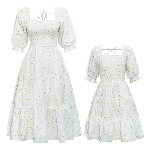 OBEEII Mutter Tochter Blumendruck Kleid Familienoutfits Prinzessin Baby Mädchen Kleid + Elegantes Damen Kleid für Party Geschenk Zeremonie Cocktail Picknick Prinzessin Kleid weißer Stern 11-12 Jahre von OBEEII