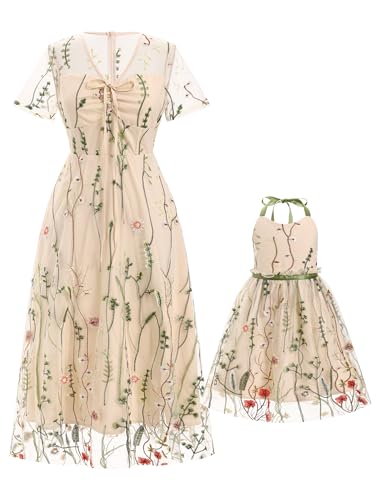 OBEEII Mutter Tochter Kleid Floral Stickerei Mesh Rüschen Kleid Familie Passendes Outfit A-Linie Sommer Kurzarm Freizeitkleid Festkleid Mama Mädchen Passend Kleid Apricot XL von OBEEII