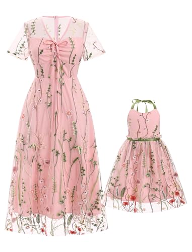 OBEEII Mutter Tochter Kleid Floral Stickerei Mesh Rüschen Kleid Familie Passendes Outfit A-Linie Sommer Kurzarm Freizeitkleid Festkleid Mama Mädchen Passend Kleid Rosa XL von OBEEII