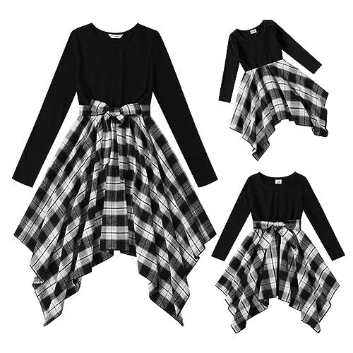 OBEEII Mutter Tochter Kleider Matching Outfits Herbst Winter Langärm Kariert Familie Passenden Kleid Mama und Mich Kleidung A-Linie Freizeitkleid Festkleid Partykleid Schwarz S von OBEEII