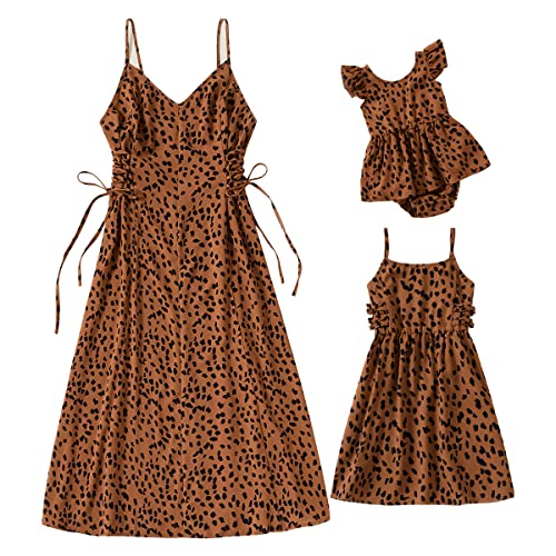 OBEEII Mutter Tochter Kleider Matching Outfits Sommer Ärmellos Floral Gedruckt Familie Passenden Kleid Mama und Mich Kleidung Lässiges Strandkleid Partykleid Leopardenmuster L von OBEEII