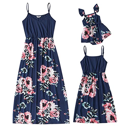 OBEEII Mutter Tochter Kleidung Sommer Ärmellos Floral Gedruckt Familie Passenden Kleid Mama und Mich Lässiges Strandkleid Partykleid Navy 6-7 Jahre von OBEEII