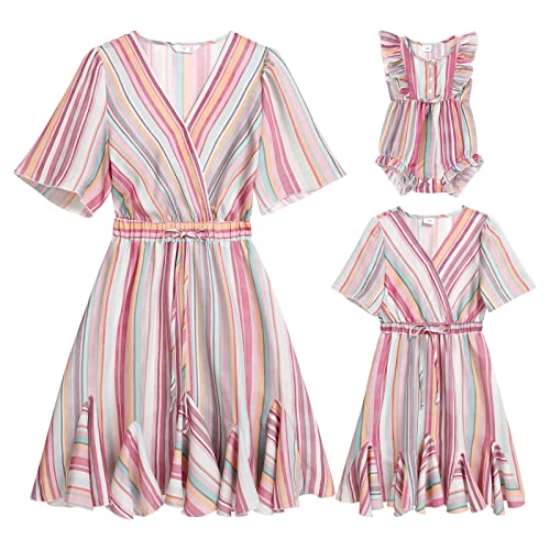 OBEEII Mutter Und Tochter Kleid Sommer Kurzarm Familie Passenden Kleidung Mama und Mich Lässiges Strandkleid Partykleid Streifen M von OBEEII