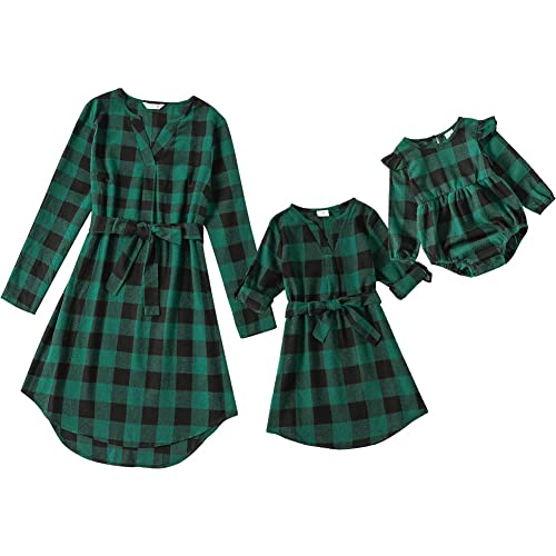 OBEEII Mutter und Tochter passende Mädchen Fräulein Kleid Langarm Plaid A-Linie Familie passende Outfits Grün L von OBEEII