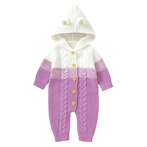 OBEEII Neugeborene Baby Mädchen Jungen Kleidung Langarm Gestrickt Kapuze Strampler Body Wärmer Herbst Winter Babykleidung Lila 12-18 Monate von OBEEII