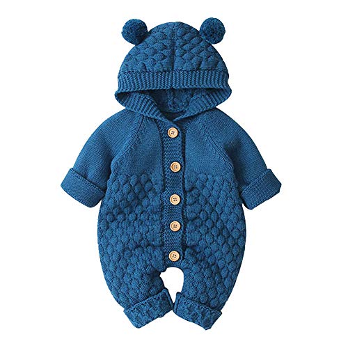 OBEEII Neugeborenes Baby Strick-Strampler Hut Set Säugling Schneeanzug Bodysuit Overalls für Jungen Mädchen Denim Blau 6-12 Monate von OBEEII
