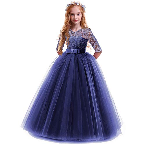 OBEEII Prinzessin Kleid Mädchen Abendkleid für Hochzeit Brautjungfer Blumenmädchen Geburtstag Party Jugendweihe Fasching Cocktail Dance Ballkleid Marine 9-10 Jahre von OBEEII