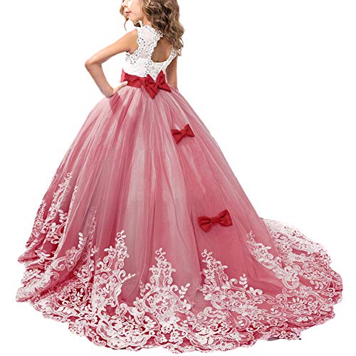 OBEEII Prinzessin Tüll Spitzen Kleid Festlich Blumenmädchenkleid Hochzeit Abendkleid 6-7 Jahre Dunkelrot von OBEEII