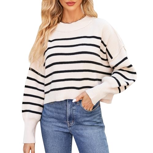 OBEEII Pullover Damen Kurz Gestreift Strickpullover Langarm Rundhals Herbst Winter Lose Pulli Oberteil Pulli Oberteil Sweater Tops Aprikose Streifen L von OBEEII