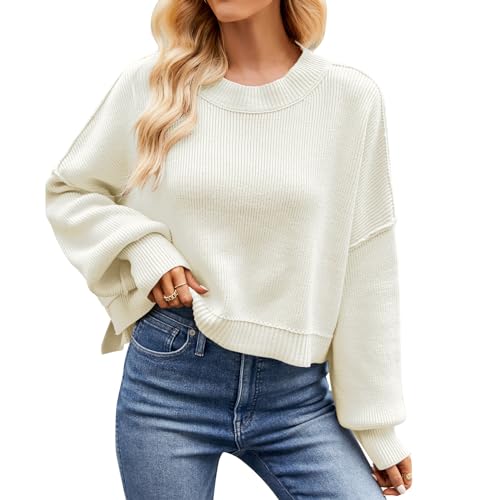 OBEEII Pullover Damen Kurz Gestreift Strickpullover Langarm Rundhals Herbst Winter Lose Pulli Oberteil Pulli Oberteil Sweater Tops Beige M von OBEEII