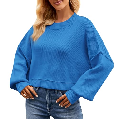 OBEEII Pullover Damen Kurz Gestreift Strickpullover Langarm Rundhals Herbst Winter Lose Pulli Oberteil Pulli Oberteil Sweater Tops Blau S von OBEEII