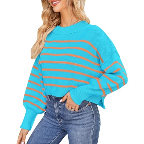 OBEEII Pullover Damen Kurz Gestreift Strickpullover Langarm Rundhals Herbst Winter Lose Pulli Oberteil Pulli Oberteil Sweater Tops Blau Streifen S von OBEEII