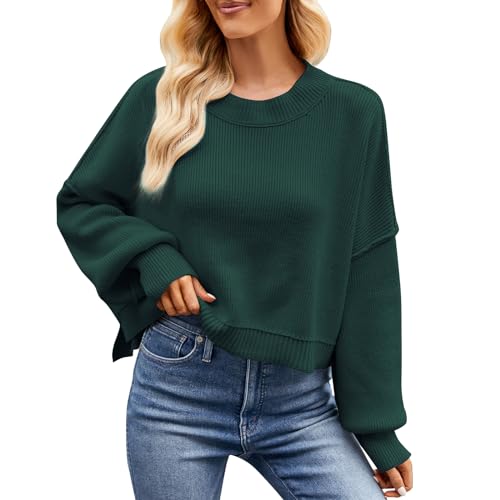 OBEEII Pullover Damen Kurz Gestreift Strickpullover Langarm Rundhals Herbst Winter Lose Pulli Oberteil Pulli Oberteil Sweater Tops Grün L von OBEEII