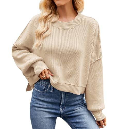 OBEEII Pullover Damen Kurz Gestreift Strickpullover Langarm Rundhals Herbst Winter Lose Pulli Oberteil Pulli Oberteil Sweater Tops Khaki S von OBEEII