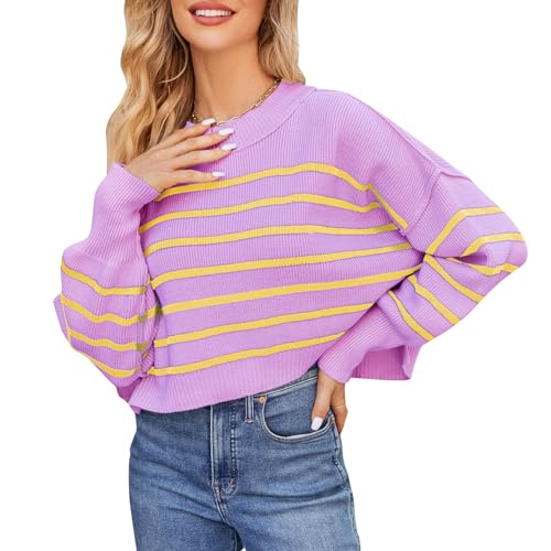 OBEEII Pullover Damen Kurz Gestreift Strickpullover Langarm Rundhals Herbst Winter Lose Pulli Oberteil Pulli Oberteil Sweater Tops Lila Streifen L von OBEEII