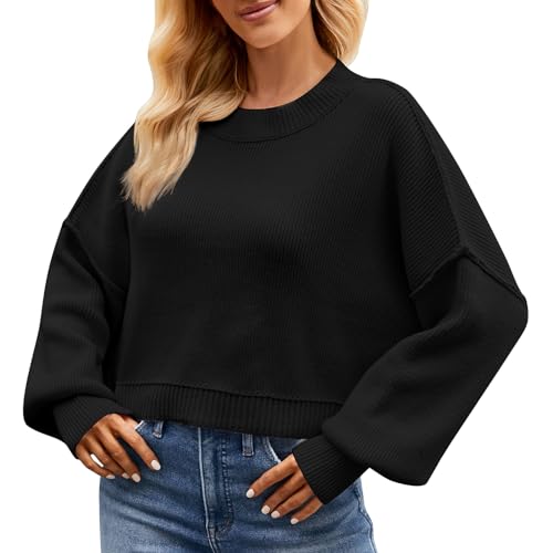 OBEEII Pullover Damen Kurz Gestreift Strickpullover Langarm Rundhals Herbst Winter Lose Pulli Oberteil Pulli Oberteil Sweater Tops Schwarz M von OBEEII