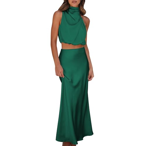 OBEEII Satin Abendkleid Lang Elegant 2-teiliges Set Partykleider Mock Neck Crop Top und High Waist Midi Rock Seide Hochzeitsgast Cocktailkleid Ballkleider Dunkelgrün M OBEEII Satin Abendkleid Lang Elegant 2-teiliges Set Partykleider Mock Neck Crop Top und High Waist Midi Rock Seide Hochzeitsgast Cocktailkleid Ballkleider Dunkelgrün M von OBEEII