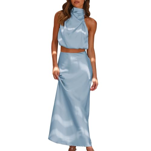 OBEEII Satin Kleid Damen Abendkleider Elegant Lang Partykleider EIN Schulter Crop Top und High Waist Maxi Rock Seide Hochzeitsgast Cocktailkleid Ballkleider Blau M von OBEEII