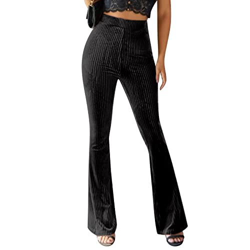 OBEEII Schlaghose Damen Samt Cord High Waist Stretch Skinny Lange Hosen Workout Freizeithose Sport Jogginghose Schwarz Large von OBEEII