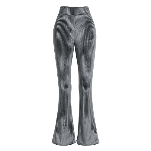 OBEEII Schlaghose Damen Samt High Waist Stretch Skinny Hosen Frauen Flared Einfarbig Freizeithose Casual Lange Hosen Sweathose Grau Large von OBEEII