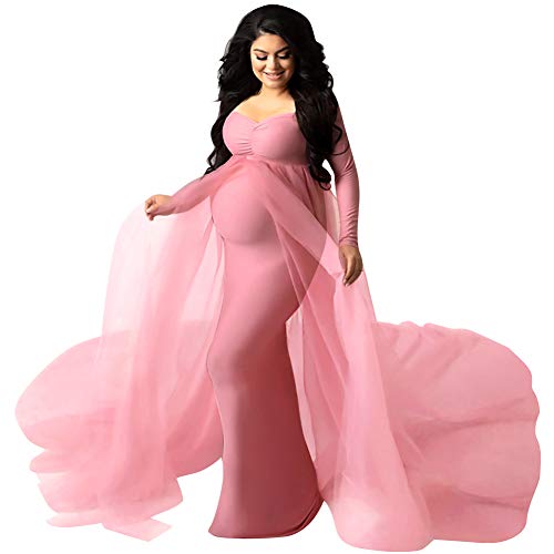 OBEEII Schwangerschaftskleid Fotoshoot Frau Elegante Schulterfreies Langarm Umstandskleid Damen Hochzeit Abendkleid Krankenpflege Umstandsmode Kleidung Rosa Medium von OBEEII