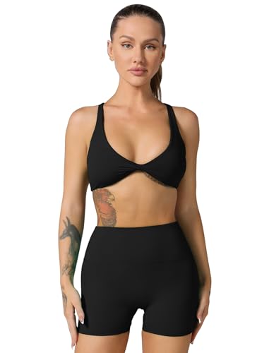 OBEEII Sport Set Damen 2 Stücke Nahtlose Traingsanzug Outfit Yoga Set Sports BH und Shorts Workout Outfit Fitness Freizeitanzug Jogginganzug Sportswear Schwarz XL von OBEEII