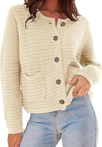 OBEEII Strickjacke Damen Kurz Rundhalsausschnitt Cardigan Knopfleiste Gestrickter Strickmantel Pullover Herbst Winter Casual Outerwear Strickjacke Beige M von OBEEII