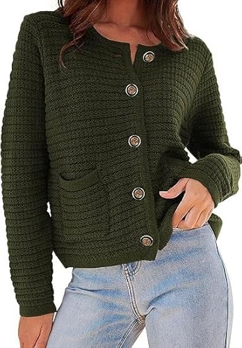 OBEEII Strickjacke Damen Kurz Rundhalsausschnitt Cardigan Knopfleiste Gestrickter Strickmantel Pullover Herbst Winter Casual Outerwear Strickjacke Dunkelgrün L von OBEEII