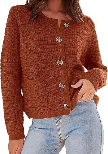 OBEEII Strickjacke Damen Kurz Rundhalsausschnitt Cardigan Knopfleiste Gestrickter Strickmantel Pullover Herbst Winter Casual Outerwear Strickjacke Karamell L von OBEEII