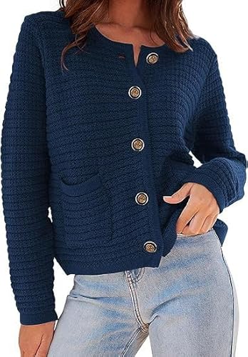 OBEEII Strickjacke Damen Kurz Rundhalsausschnitt Cardigan Knopfleiste Gestrickter Strickmantel Pullover Herbst Winter Casual Outerwear Strickjacke Navy S von OBEEII