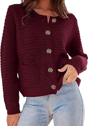 OBEEII Strickjacke Damen Kurz Rundhalsausschnitt Cardigan Knopfleiste Gestrickter Strickmantel Pullover Herbst Winter Casual Outerwear Strickjacke Ziegelrot L von OBEEII