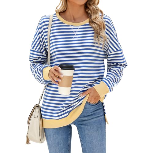 OBEEII Sweatshirt Damen Oversized Pullover Gestreift Langarmshirt Rundhals Locker Herbst Winter Y2K Pulli L�ssige Pullover Oberteile Blau Streifen XL von OBEEII