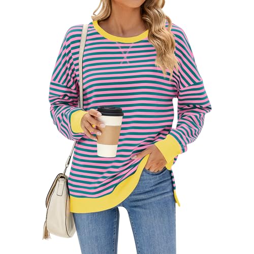 OBEEII Sweatshirt Damen Oversized Pullover Gestreift Langarmshirt Rundhals Locker Herbst Winter Y2K Pulli L�ssige Pullover Oberteile Gr�n Rosa Streifen L von OBEEII