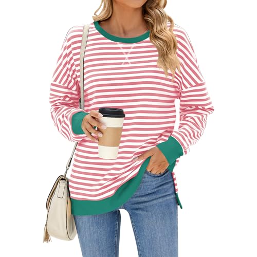 OBEEII Sweatshirt Damen Oversized Pullover Gestreift Langarmshirt Rundhals Locker Herbst Winter Y2K Pulli L�ssige Pullover Oberteile Rosa Streifen M von OBEEII