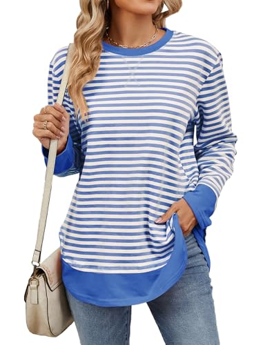 OBEEII Sweatshirt Damen Oversized Pullover Gestreift Langarmshirt Rundhals Locker Herbst Winter Y2K Pulli Lässige Pullover Oberteile Blau XXL von OBEEII