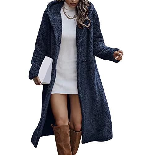 OBEEII Teddy Coat Damen, Winterjacke Damen Teddy Fleece Mantel Warm Gefüttert Winter Kapuzenpullover Flauschig Plüschjacke Fleecejacke mit Kapuze und Taschen Navy XL von OBEEII