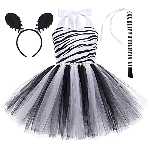 OBEEII Tier Kostüm Set, Tiger/Leopard/Kühe/Zebra/Giraffe Verkleidung mit Haarreifen Schwanz Dress Up Kostüm für Halloween Cospaly Geburtstag Weihnachten Bühnenleistung 6 Monate, zebra, 9-10 Jahre von OBEEII