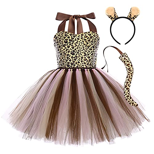 OBEEII Tierkostüm für Kinder, Leoparden-Kleid, Giraffe, Zebra, Tiger, Kuh, Tutu, Prinzessin, Cosplay, Karneval, Halloween, Party, Weihnachten, Geburtstag, Luxus, Braun., 3-4 Jahre von OBEEII