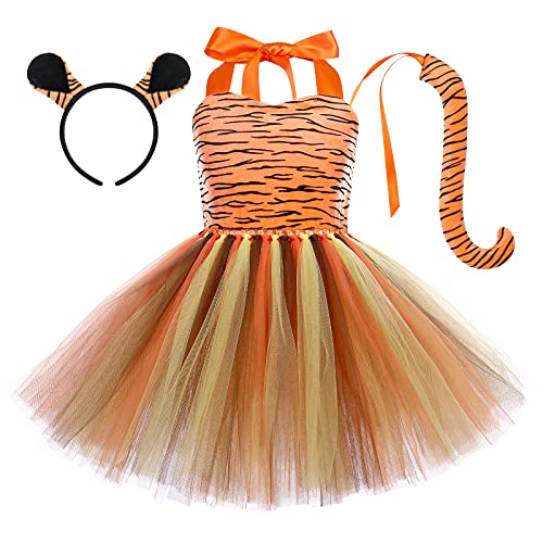 OBEEII Tierkostüm für Kinder, Leopardenkleid, Giraffe, Zebra, Tiger, Kuh, Tutu, Prinzessin, Cosplay, Karneval, Halloween, Party, Weihnachten, Geburtstag, Luxus, tiger, 7-8 Jahre von OBEEII