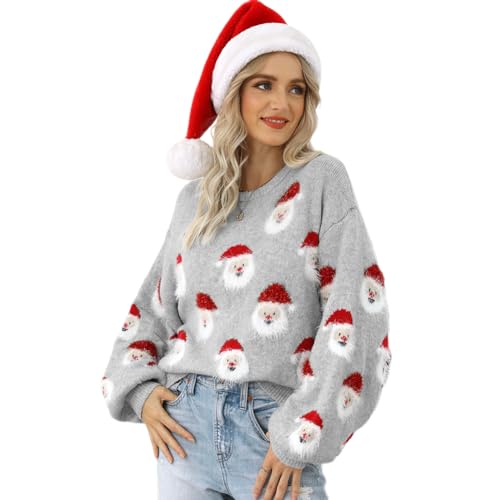 OBEEII Weihnachtspullover Damen Christmas Rundhals Langarm Strick Pullover Weihnachtsmannmuster Strickpulli Herbst Winter Sweatshirt Weihnachtspulli Ugly Christmas Sweater Grau M von OBEEII