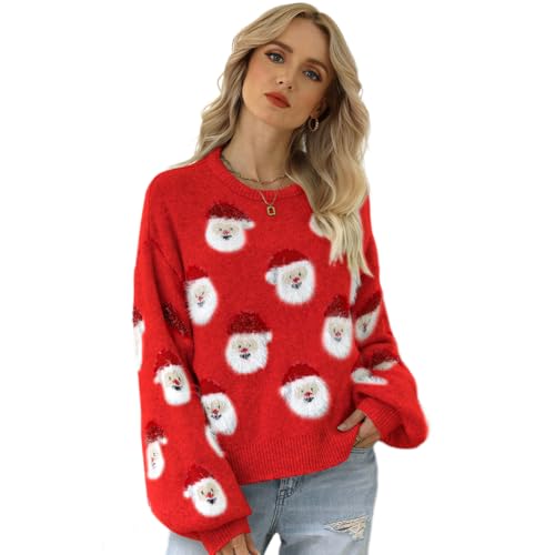 OBEEII Weihnachtspullover Damen Christmas Rundhals Langarm Strick Pullover Weihnachtsmannmuster Strickpulli Herbst Winter Sweatshirt Weihnachtspulli Ugly Christmas Sweater 红色 M von OBEEII