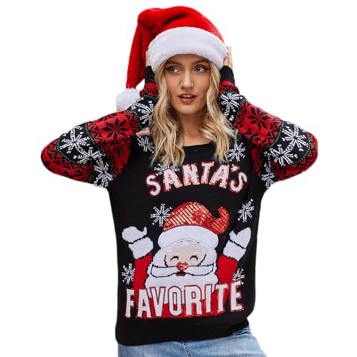 OBEEII Weihnachtspullover Damen Rundhals Langarm Strick Pullover Weihnachtsmannmuster Strickpulli Herbst Winter Christmas Sweatshirt Weihnachtspulli Ugly Christmas Sweater A413黑色 M von OBEEII