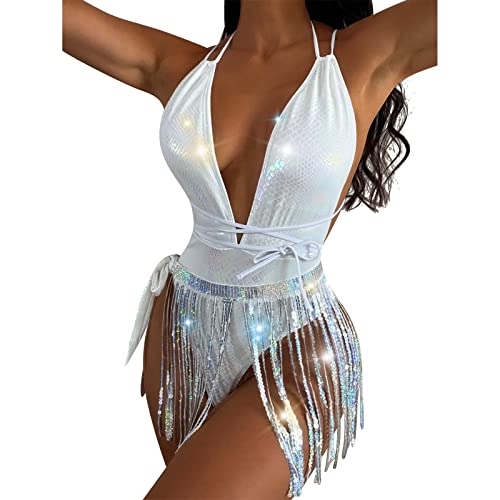 Rave Outfits für Damen, Quasten Rock Briefs Metallic Holografisches Oberteil 3-teiliges Bikini-Set für Halloween Cosplay Karneval Club Festival Party Streetwear Clubwear Weiß Body M von OBEEII