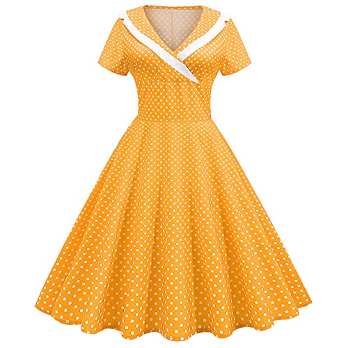 Rockabilly Kleider Damen 50er Vintage Cocktailkleid 1950er Jahre Retro Gespleißt Blumen/Polka Dots Ärmellos Sommer Swing Festlich Abendkleid Gelb L von OBEEII